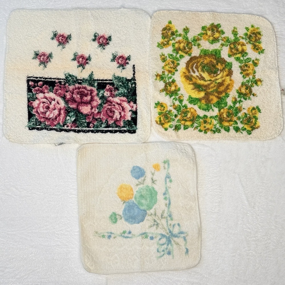 Vintage Floral Washcloth Lot 3 Rose Bath Linens Cottagecore Granny Chic Set‎ USA